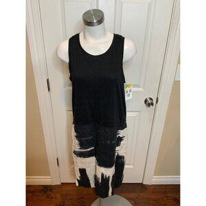Max Mara Black & White Brushstroke Sleeveless Linen Tank Dress, Size 12 |  46